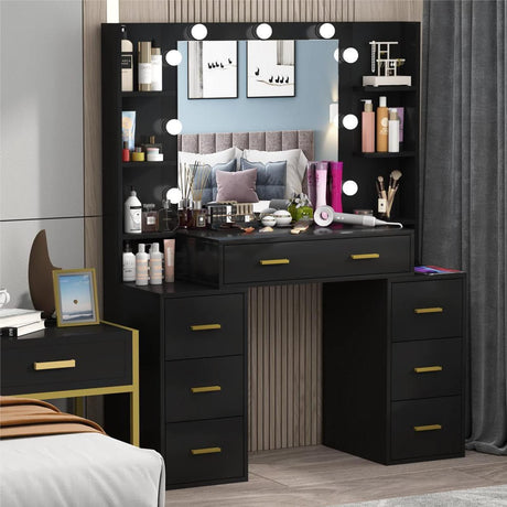 Vanity Set with Lighted Mirror, 43'' Makeup Vanity with 3 Lighting Colors & Power Outlet