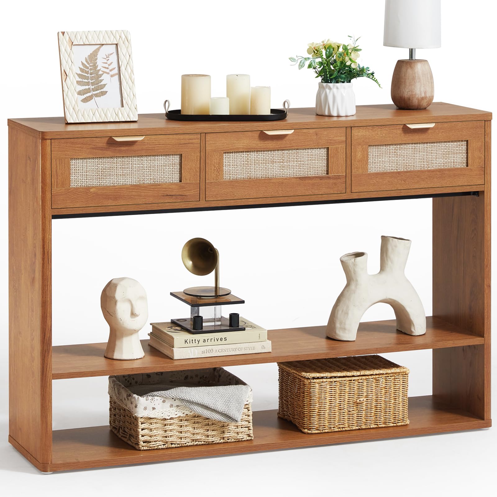 48" Boho Rattan Console Table with 3 Drawers