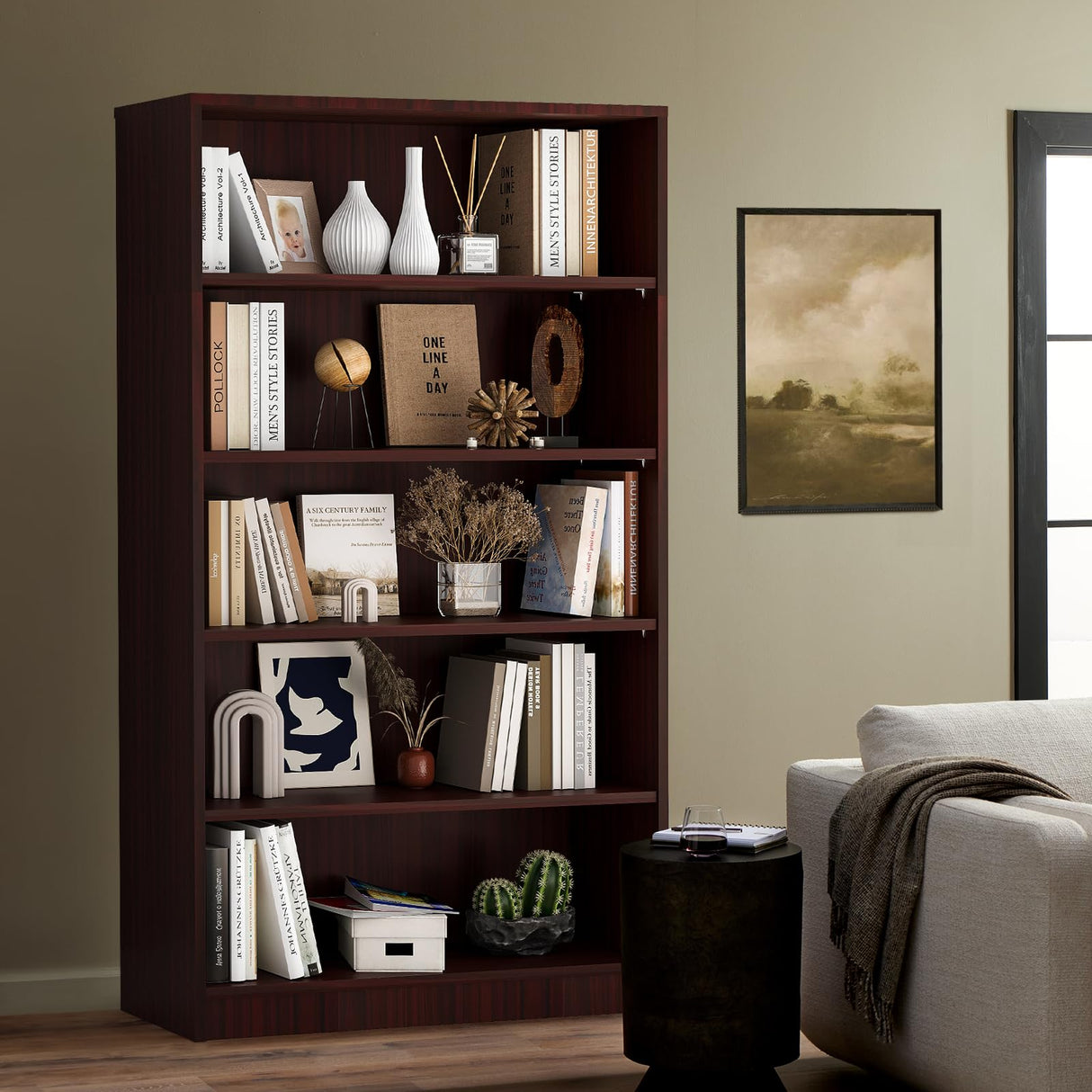 Soohow 5 Shelf Bookcase,60 Inch Wood Tall Bookshelves for Living Room,Mahogany