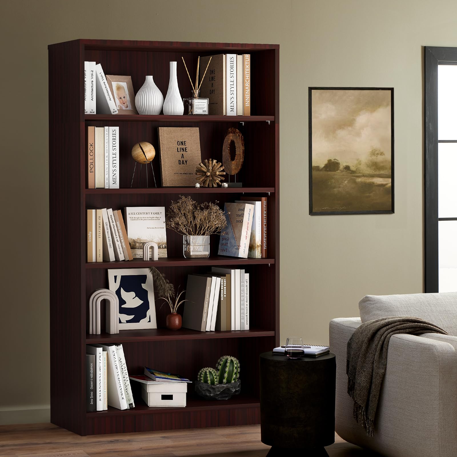 Soohow 5 Shelf Bookcase,60 Inch Wood Tall Bookshelves for Living Room,Mahogany