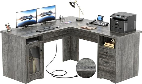 L Shaped Desk with Drawers, 60 Inch Corner Computer Desks with USB Charging Port