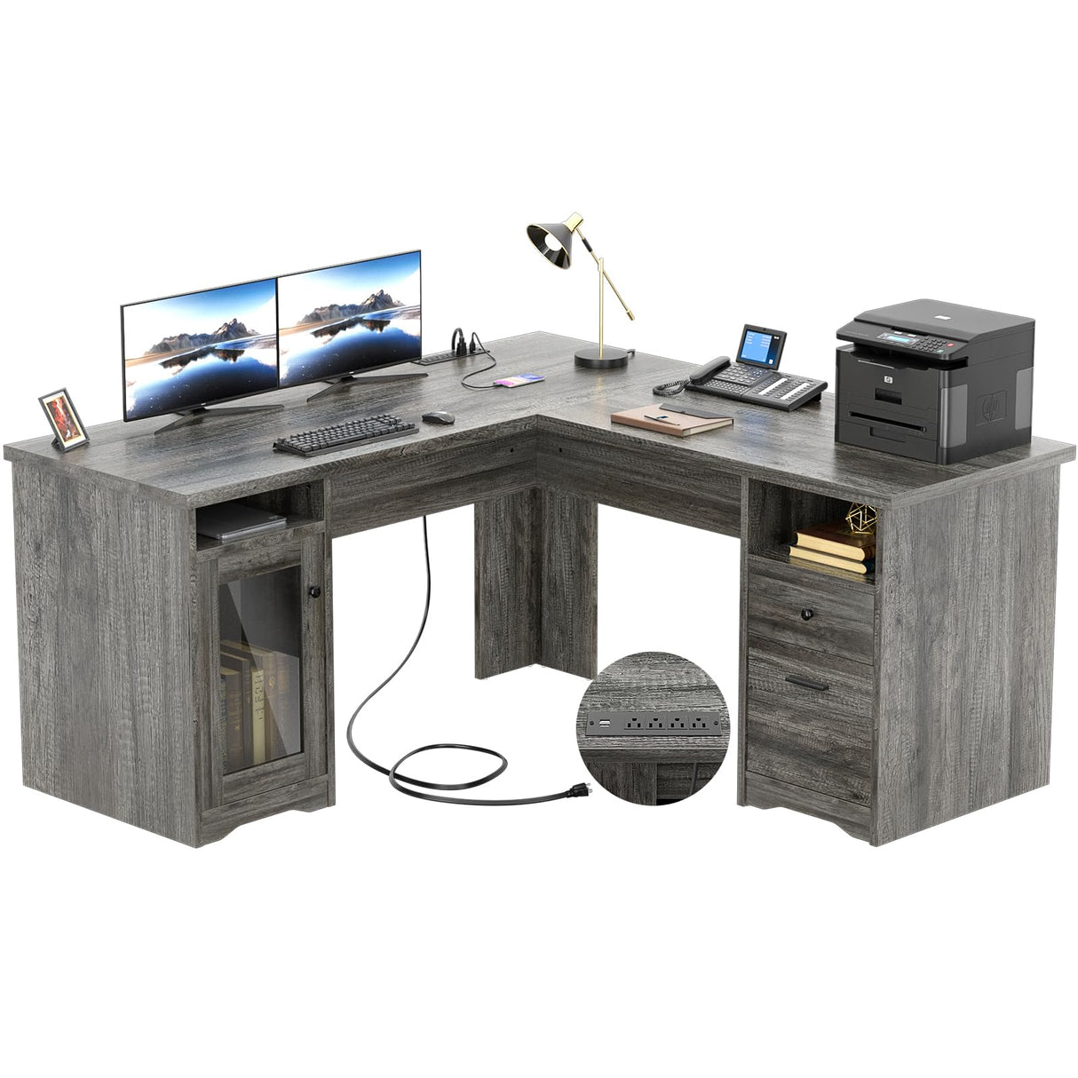 L Shaped Desk with Drawers, 60 Inch Corner Computer Desks with USB Charging Port