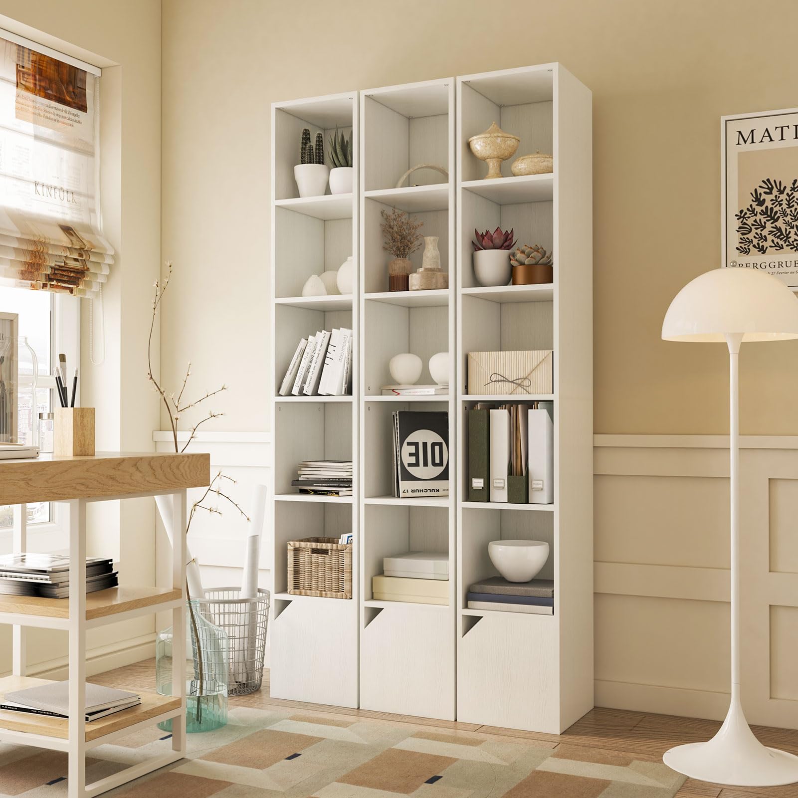 6 Tier Tall Narrow Bookcase, Modern White Corner Bookcase with Doors Storage