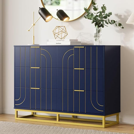 Modern 6 Drawer Dresser for Bedroom, Double TV Stand Dresser with Metal Base, Wood Storage Chest of Drawers for Living Room, Hallway, Entryway