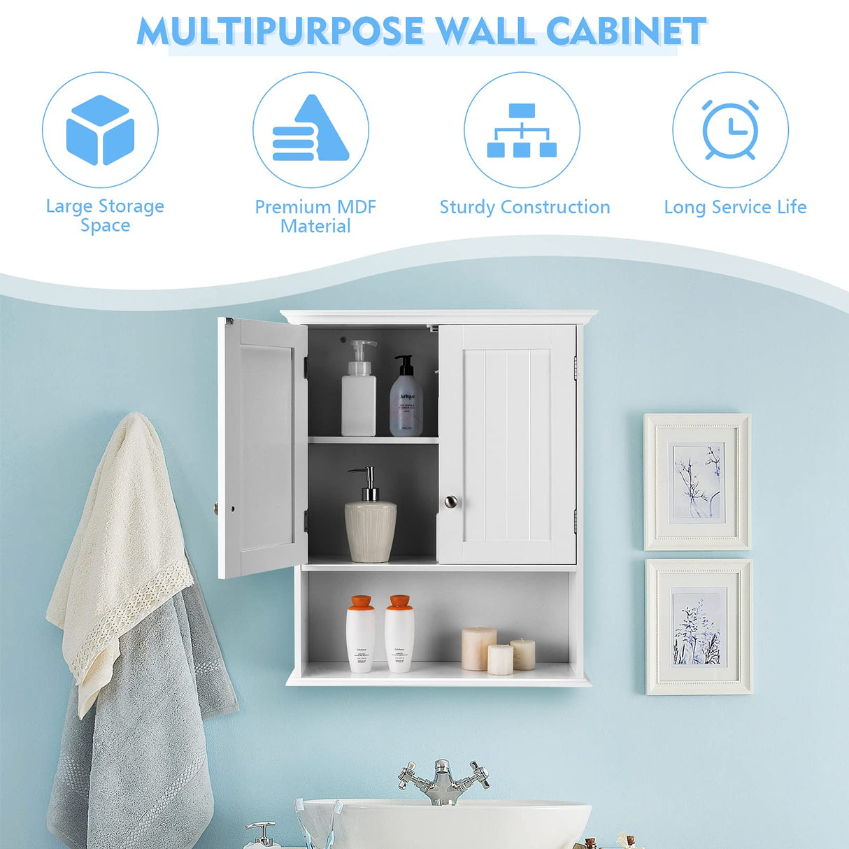 Bathroom Wall Cabinet, Wooden Hanging Storage Cabinet with Doors & Shelves,