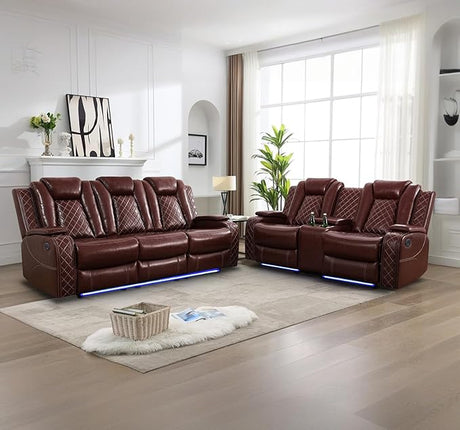 Leather Recliner Sofa Set with LED Lights,Power Reclining Sofa and Loveseat Set