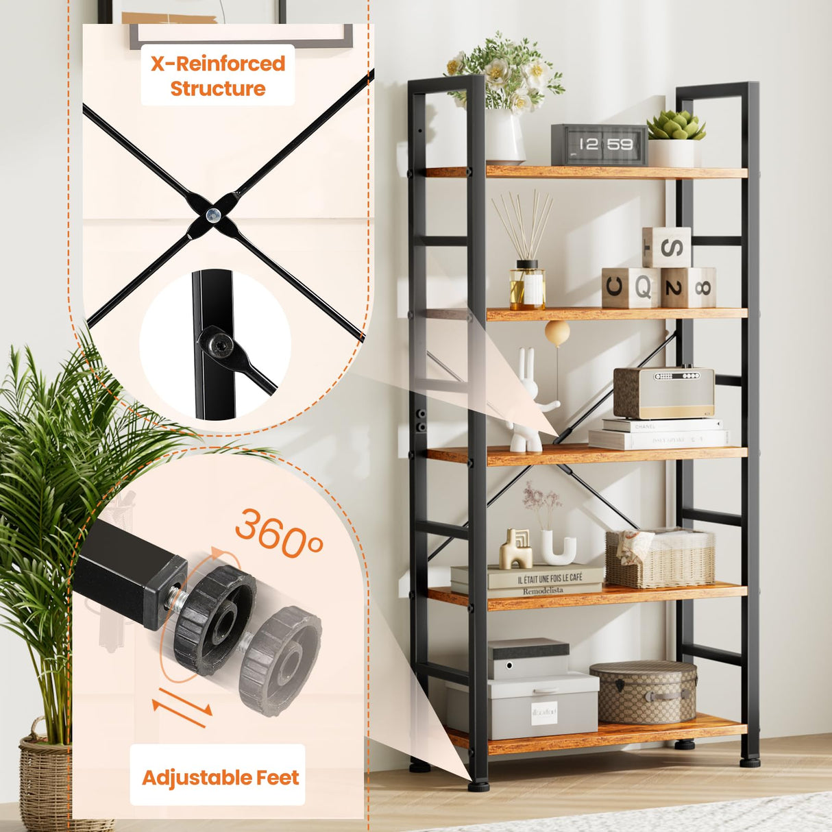 Book Shelf, 5 Tier Bookcase, Tall Bookshelf Modern Book Case for Books, Garage Kit