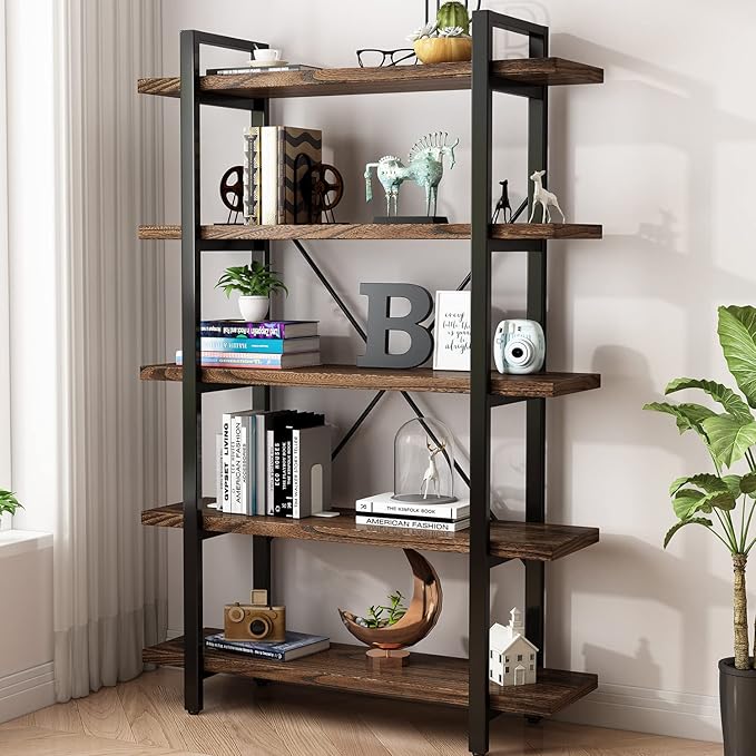 Industrial Style Solid Wood Bookcase and Book Shelves,Rustic Wood and Metal Shelving Unit， Living Room,Modern Rustic Open Industrial Book Shelf Office,Distressed Brown (AY-02-5Tier)