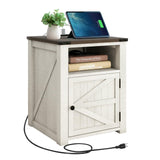 End Table with Charging Station, 18'' Rustic Wood Nightstand with Barn Door