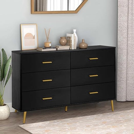 Polar Aurora Wood Dresser for Bedroom,Wood Mid Century Modern Chests of Drawer,6 Drawer Double Dresser with Metal Handles for Bedroom, Hallway, Closet