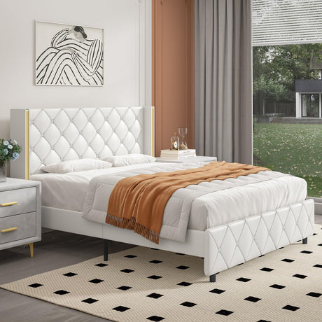 Upholstered Full Size Bed Frame with Diamond Headboard, Faux Leather Low Profile