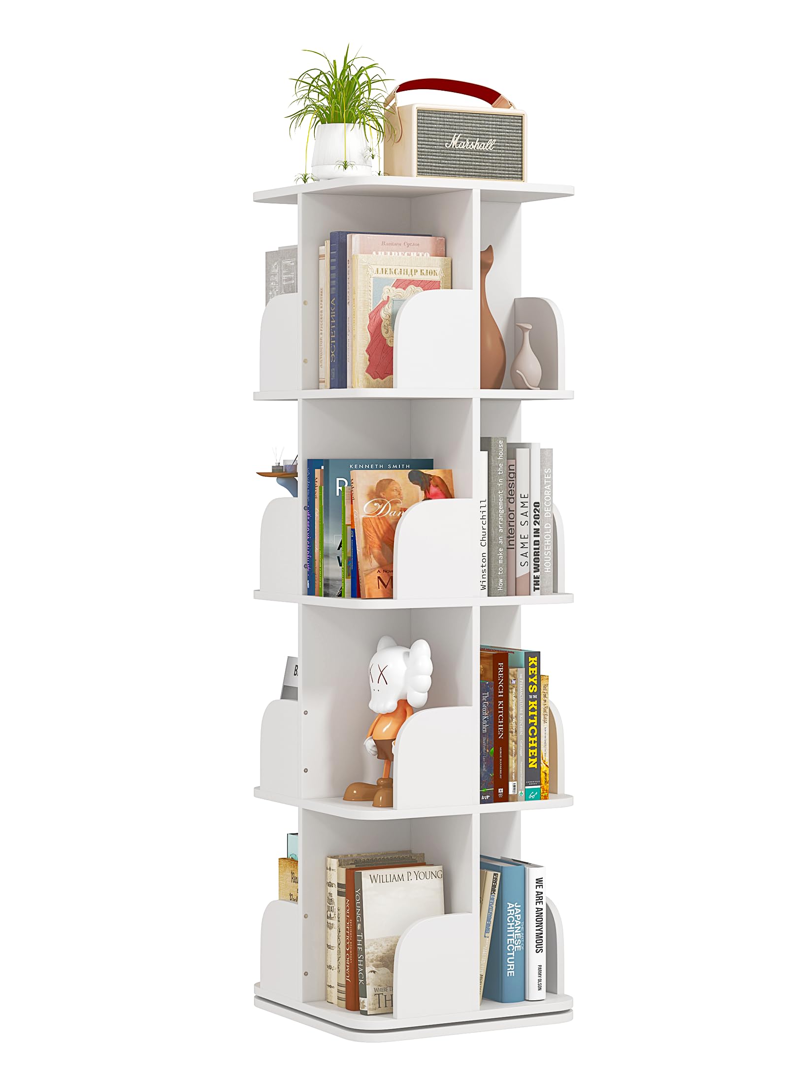 Bookshelf, Small Corner Bookshelf for Small Space, 360 Display 4 Tier Floor Standing