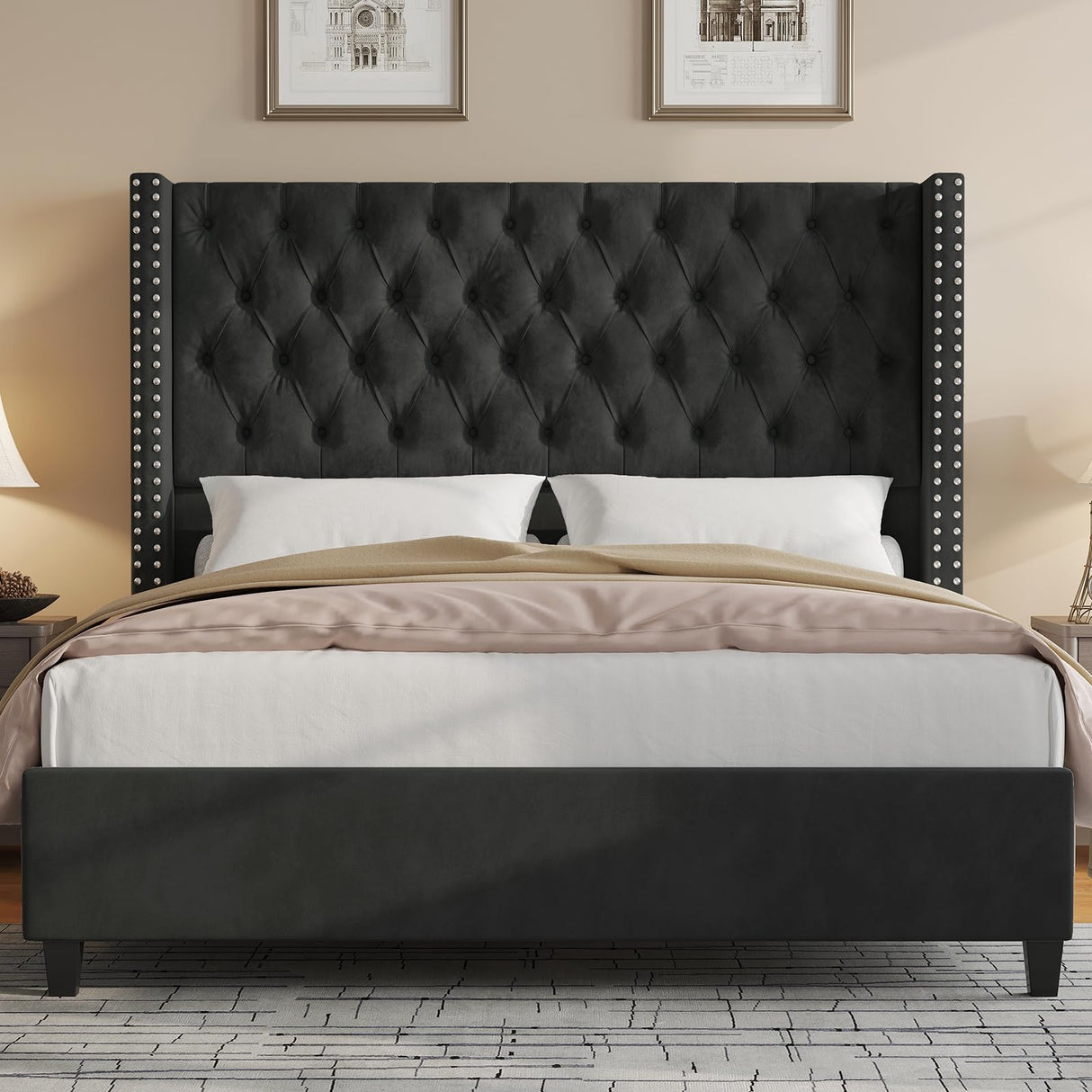 Queen Upholstered Bed Frame with Tall Headboard Wingback Platform Bed Tufted Deep