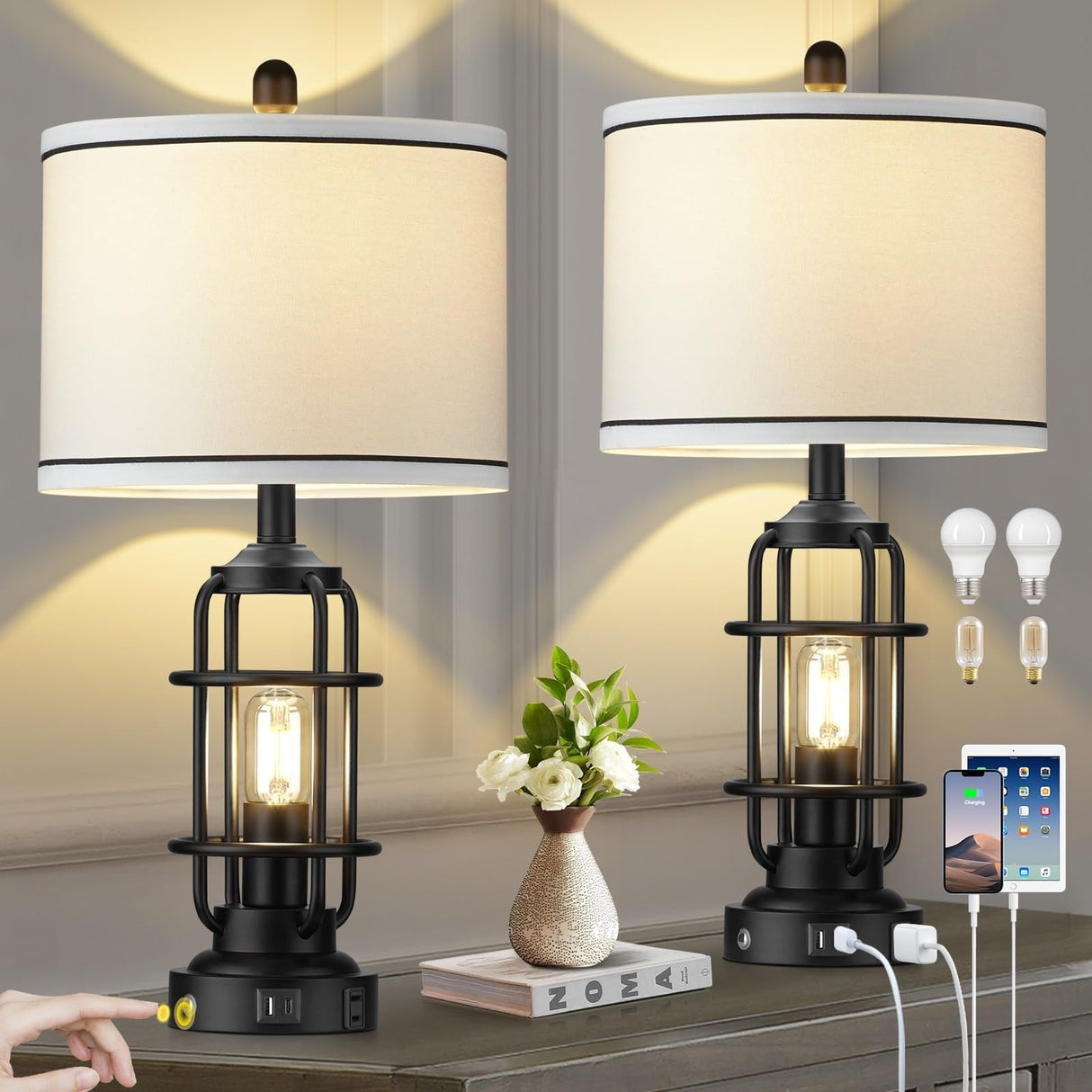 Modern Table Lamps, Industrial 3-Way Dimmable Bedside Lamp