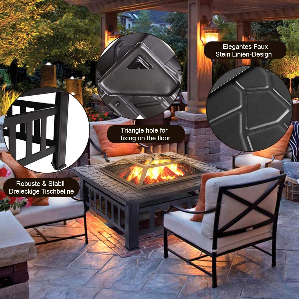 Best Outdoor Fire Pit for Wood 32" Metal firepit for Patio Wood Burning Fireplace Square Garden Stove with Charcoal Rack, Poker & Mesh Cover for Camping Picnic Bonfire Backyard, High Capacity Firepit