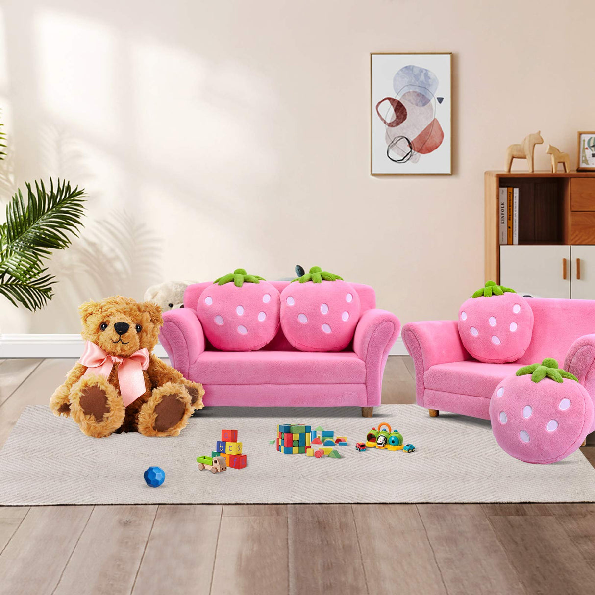 toddler Couch with Two Strawberry Pillows, Children Upholstered Loveseat Lounge Bed,