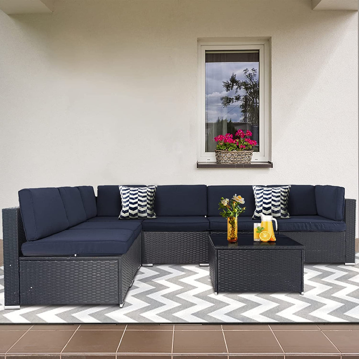 7-Piece Outdoor Patio Furniture Sets, All-Weather Black Wicker Rattan Sectional Sofa