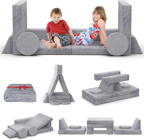 Kids Couch, 12PCS Modular Kids Play Couch with Blanket, Toddler Couch for Playroom