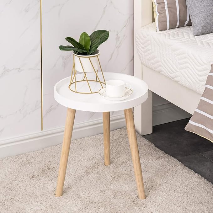 Round White Side Table, Tray Nightstand Coffee End Table for Living Room, Bedroom,