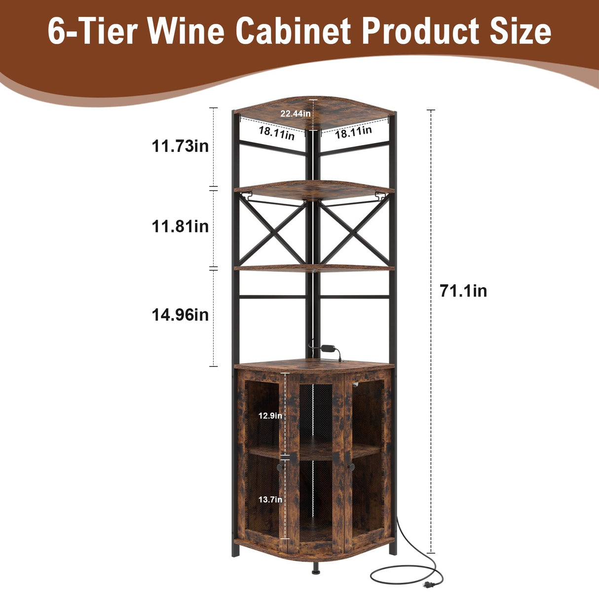 Wine Bar Cabinet with Power Outlet, 6-Tiers Industrial Wine Cabinet