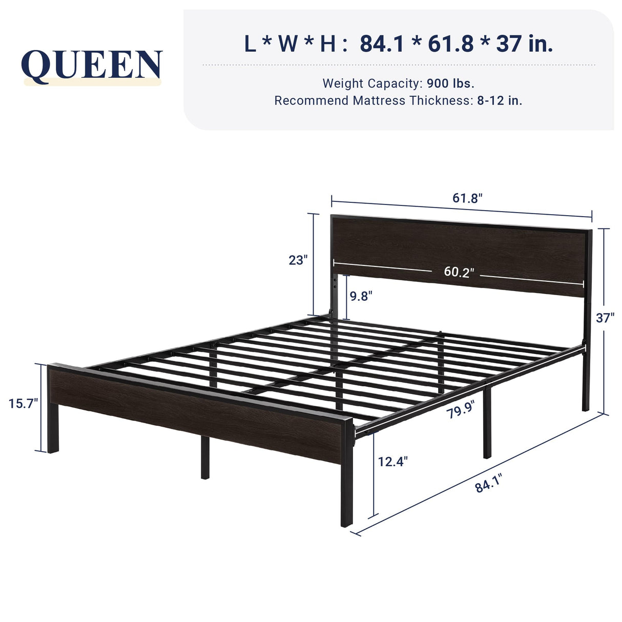 Queen Size Bed Frame with Wood Headboard and Footboard,