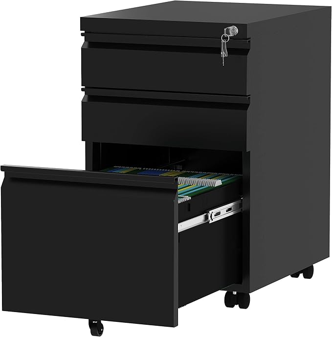 3-Drawer Mobile File Cabinet with Lock, Office Storage Filing Cabinet for Legal/Letter Size