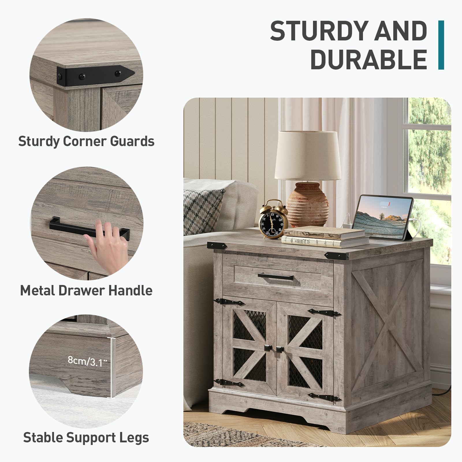 Farmhouse End Table with Charging Station, 24" Large Sofa Side Table