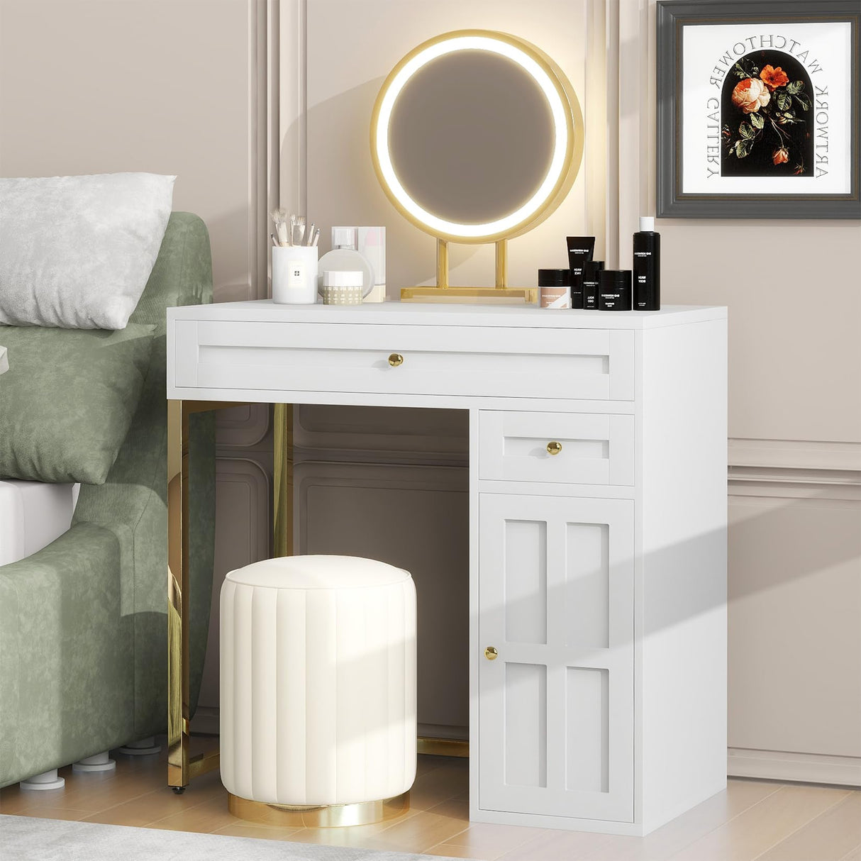 Modern Vanity Desk with Mirror and Lights, 31.57" Makeup Vanity with 2 Storage Drawers and Cabinet