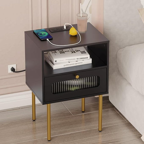 Nightstand,Modern Beside Table with Storage Drawer and Open Wood Shelf,Small End Side Table with Glass Decorative Door and Gold Frame,for Living Room,Bedroom (White-Outlet)