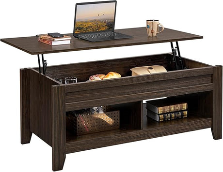 Black Wood Coffee Table Lift Up Coffee Table w/Hidden Storage & 2 Open Shelves