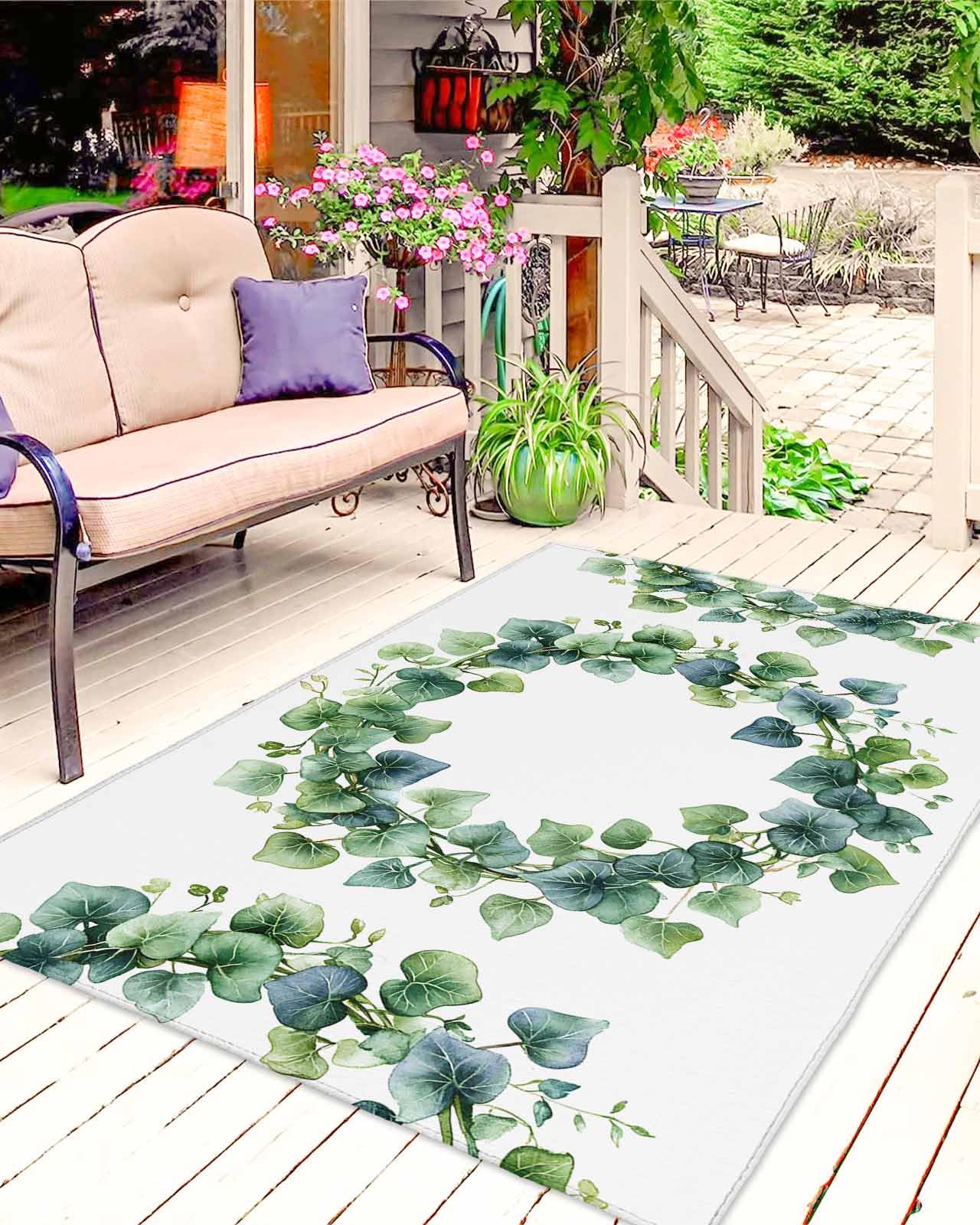 Outdoor Rug 5x8 ft Green Blue Leaf Outdoor Large Area Rug Non Slip Rubber Spring Plant