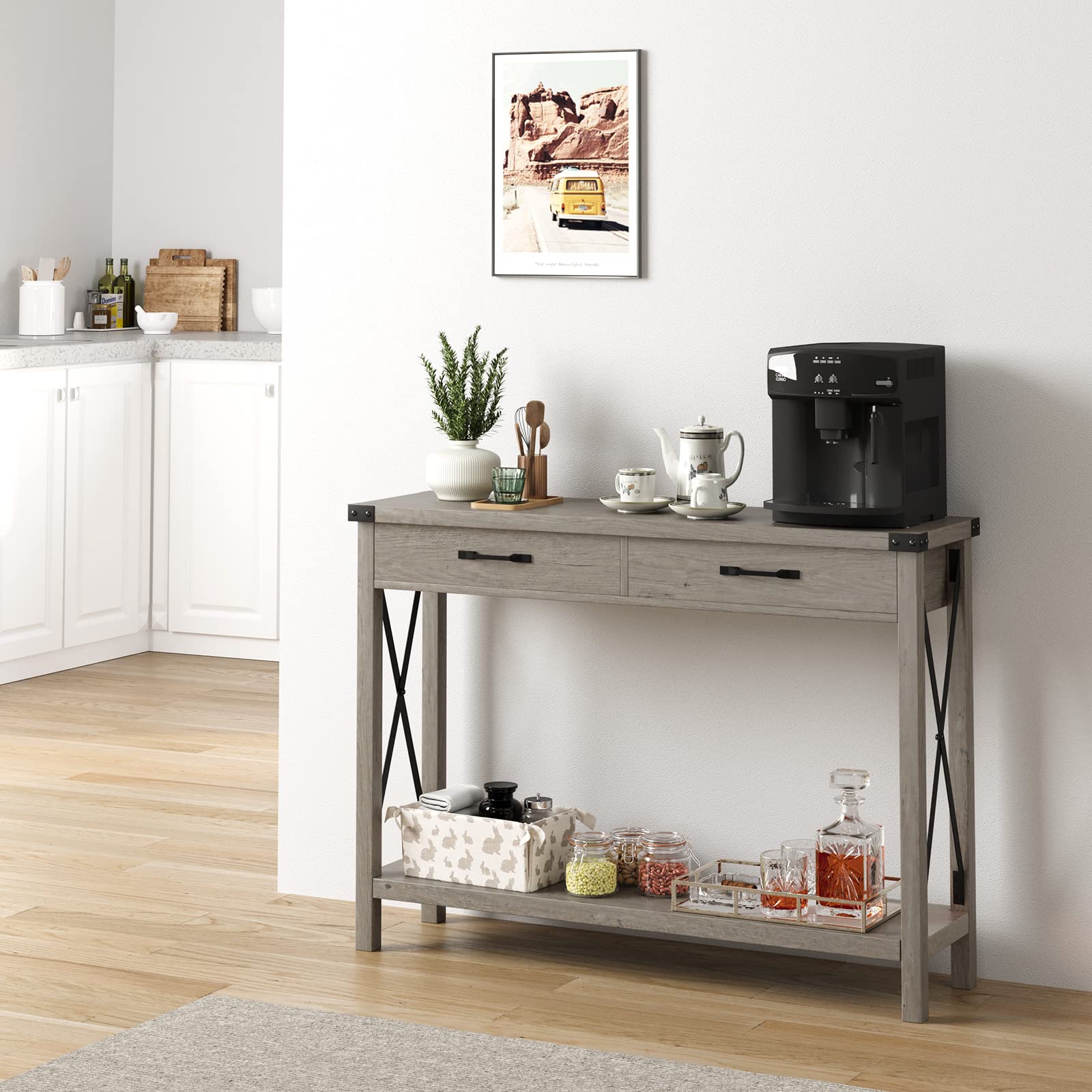 Console Table with 2 Drawers, Farmhouse Entryway Table with Storage Shelf, Accent