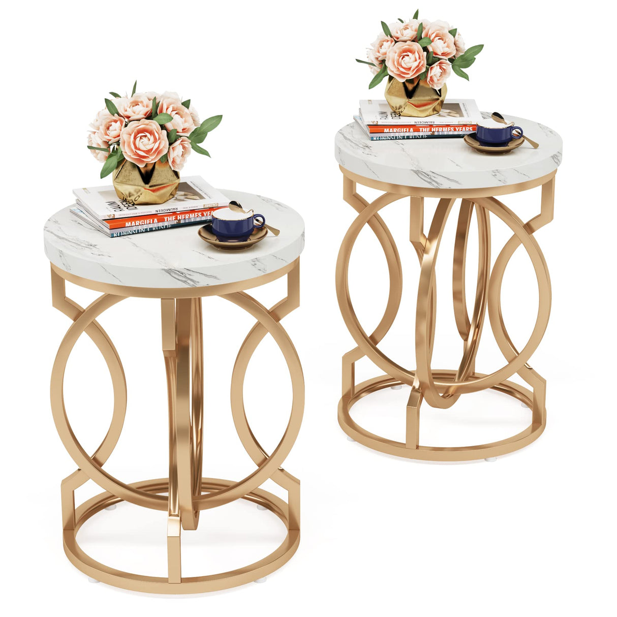 Tribesigns Modern Round End Table Set of 2 with Thick Wood Top, 20" Side Table Cocktail Table with Unique O-Shaped Base, Midcentury Accent Table Nightstand for Living Room Bedroom, White + Gold