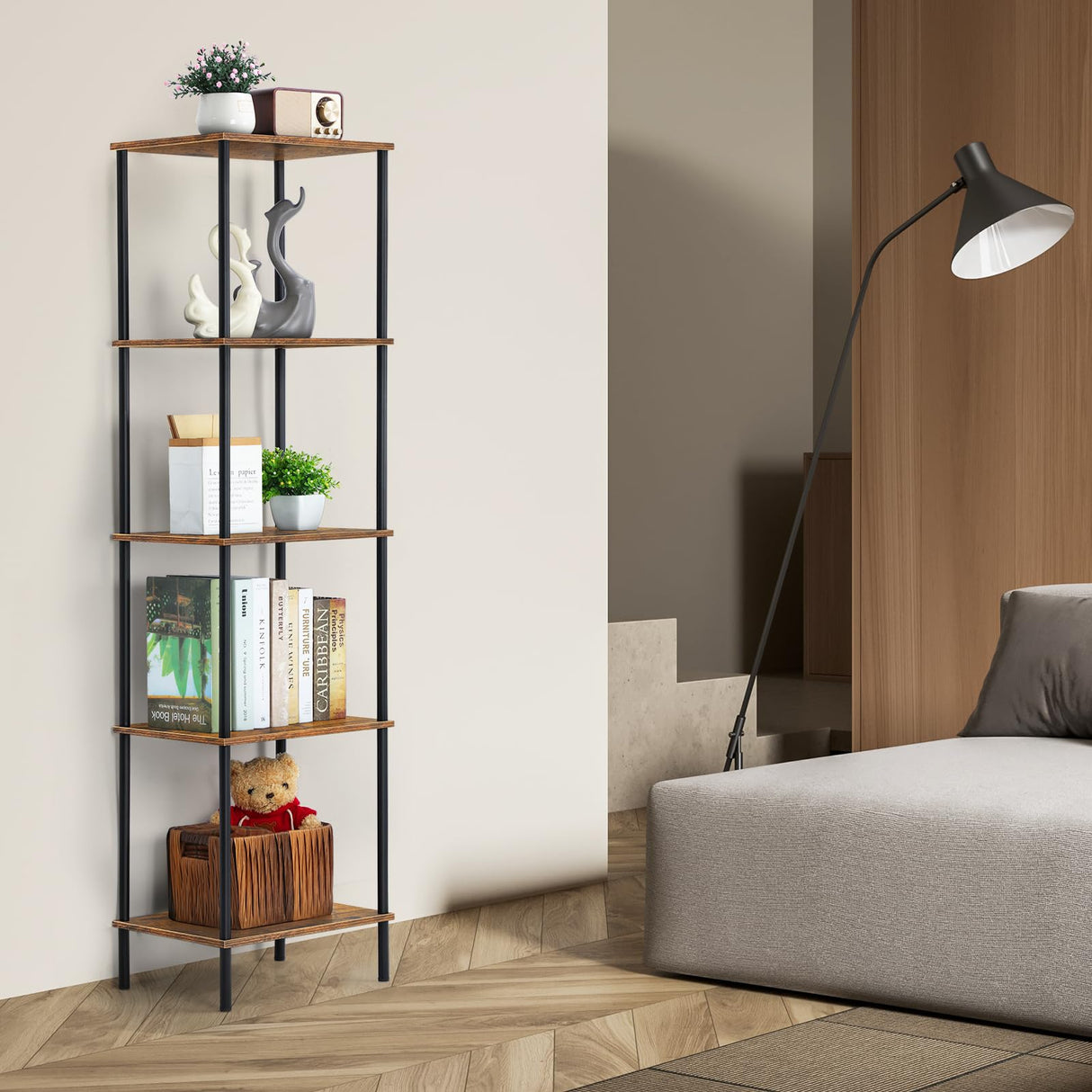 5 Tier Shelves Bookshelf,Tall Narrow Bookcase with Shelves,Wood and Metal Book Shelf Storage Organizer