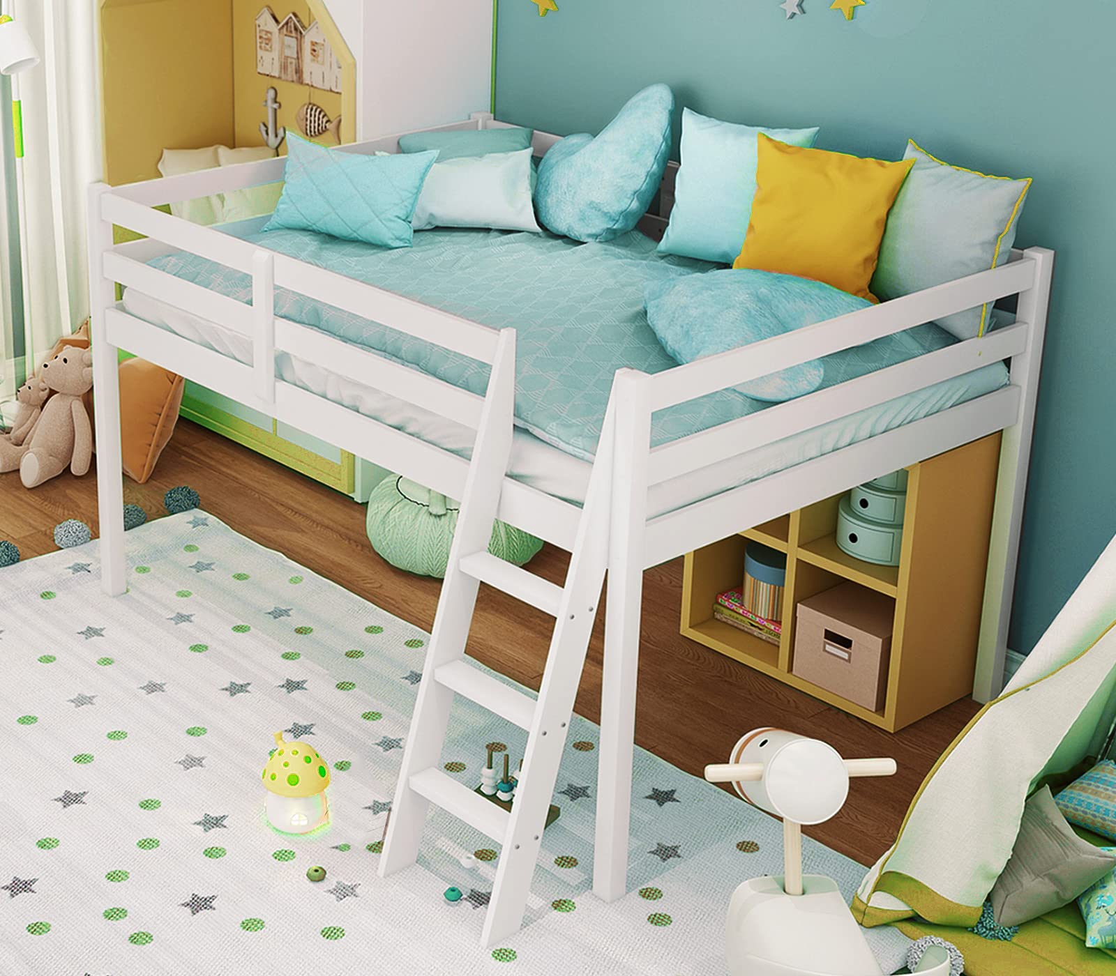 Junior Low Loft Bed with Stairs, White Wood Loft Bed Full Size for Adults, Kids and Young