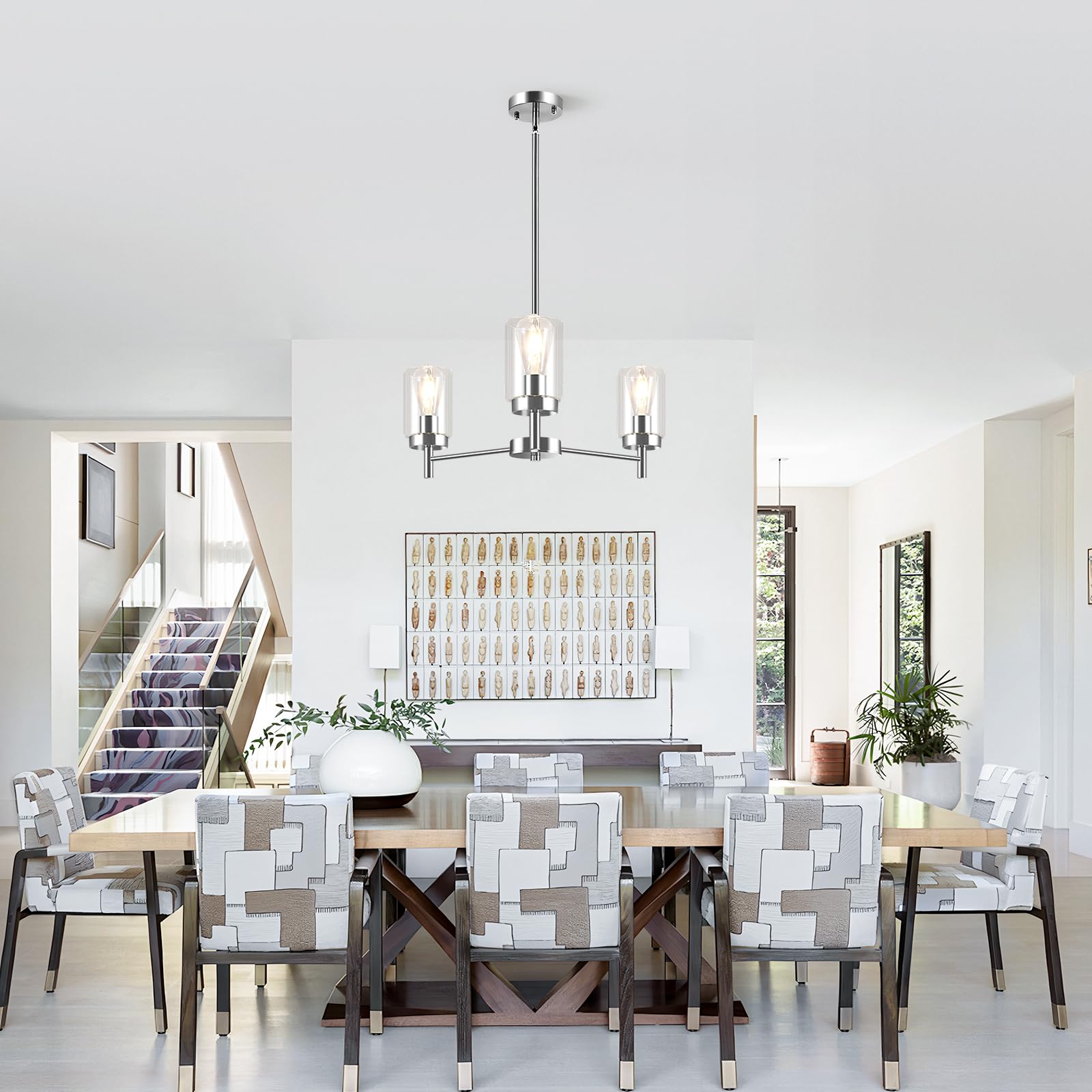 3 Lights Brushed Nickel Modern Farmhouse Chandelier for Dining Room with Glass Shade