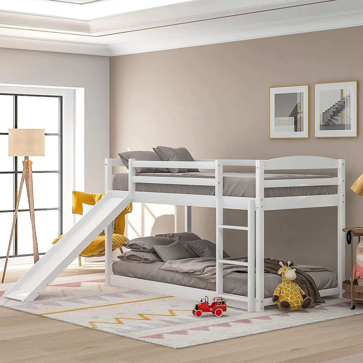 Twin Over Twin Low Bunk Bed with Slide & Ladder for Kids Bedroom,Sturdy Wood Floor Bunkbed w/Safety Guardrails