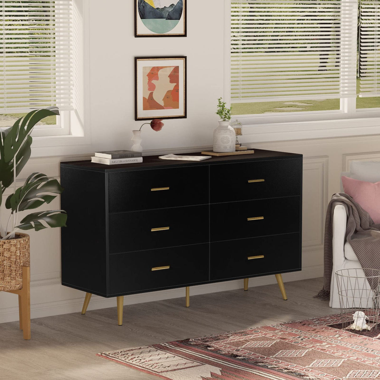 Dresser for Bedroom with 6 Drawers, Wooden Black Dresser with Golden Handles, Modern Chests of Drawer Storage Organizer for Hallway, Entryway