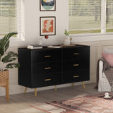 Dresser for Bedroom with 6 Drawers, Wooden Black Dresser with Golden Handles, Modern Chests of Drawer Storage Organizer for Hallway, Entryway