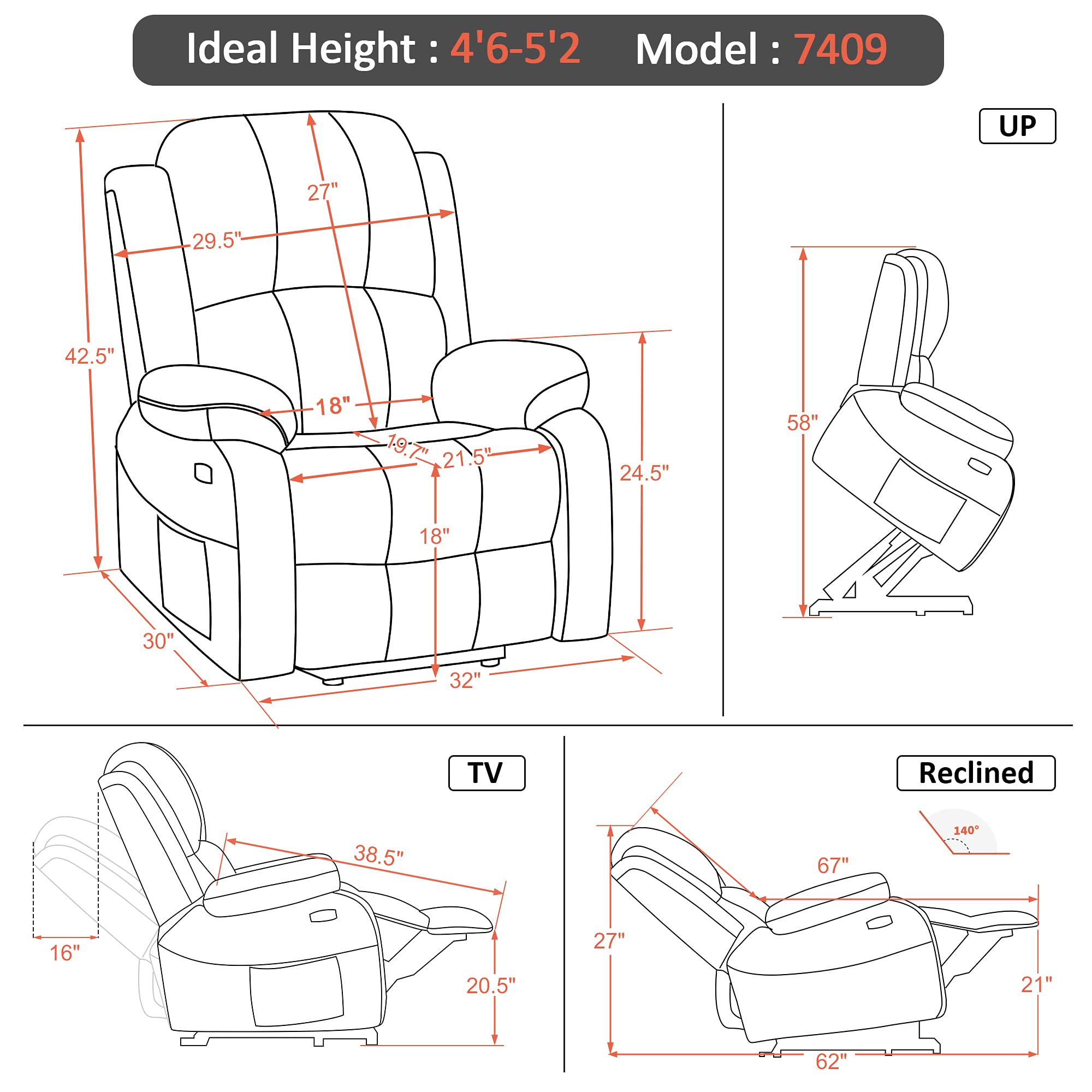 LiftNest Petite Power Lift Recliner – Massage, Lumbar Heat & Dual USB Ports
