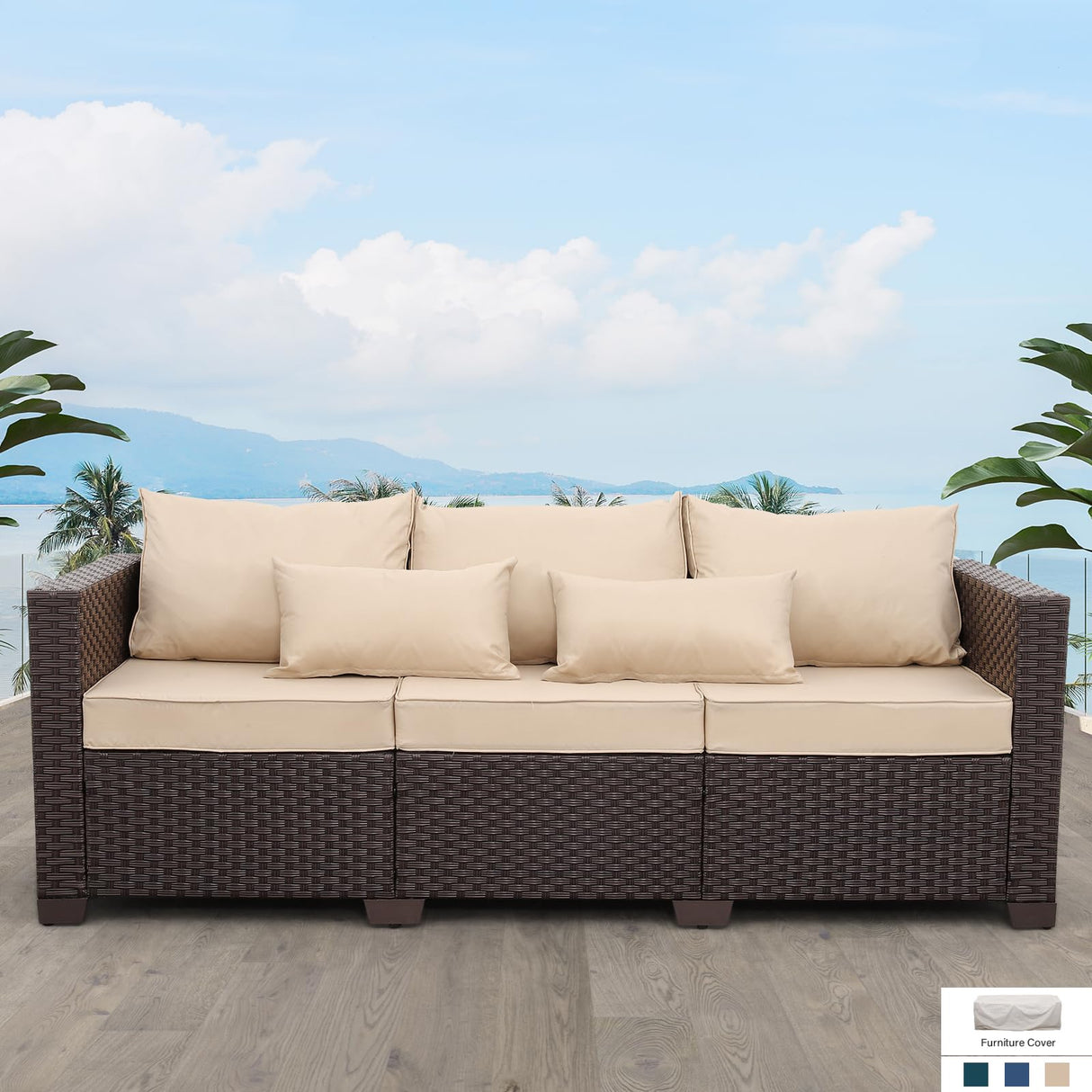 Brown Wicker 3-Seater Outdoor Sofa - Deep Seat, High Backrest