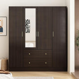 Wardrobe Armoire with Mirror, 5-Tier Shelves, 2 Drawers, 2 Hanging Rods and 4 Doors