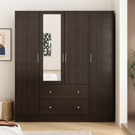 Dark Brown Wardrobe Armoire with Mirror, 5-Tier Shelves, 2 Drawers