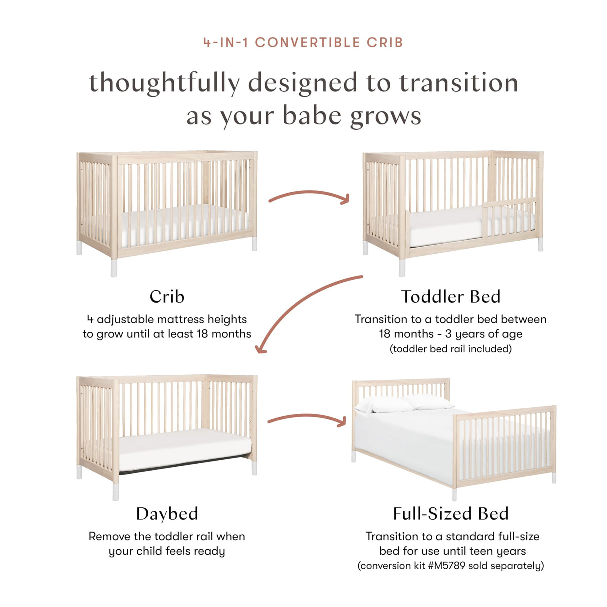 4-in-1 Convertible Crib with Toddler Bed Conversion in Washed Natural