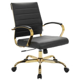 Mid-Back Ergonomic Office Chair with Lumbar Support - Black Leather Gold Frame
