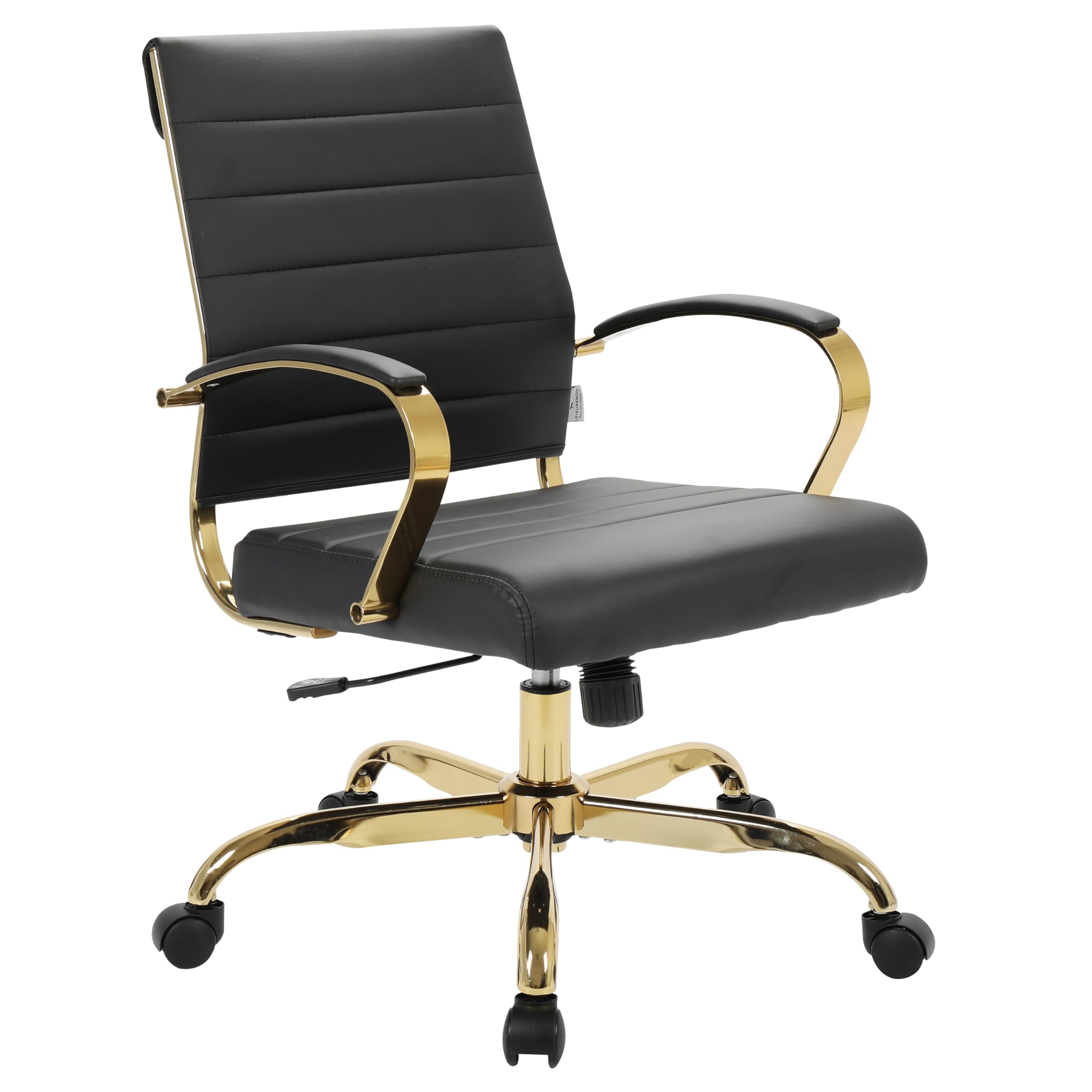 Mid-Back Ergonomic Office Chair with Lumbar Support - Black Leather Gold Frame
