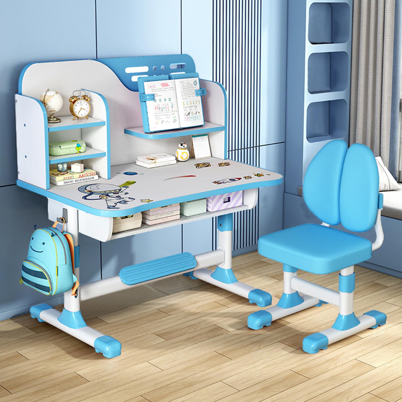 Table and Chair Set, Adjustable Kids Art Desk Child Desk Study Table with Large Writing Board, Bookshelf and Drawer (Blue)