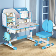 Table and Chair Set, Adjustable Kids Art Desk Child Desk Study Table with Large Writing Board, Bookshelf and Drawer (Blue)
