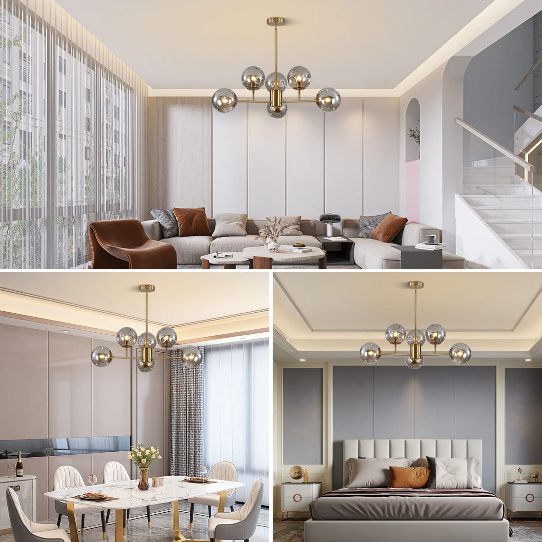 Century Modern 6-Lights Pendant Light Fixture Brushed Brass Globe