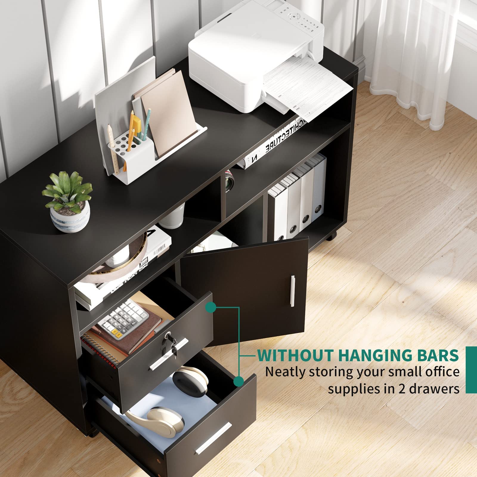 Wood File Cabinet, 2 Drawer Mobile Lateral Storage Cabinet Printer Stand